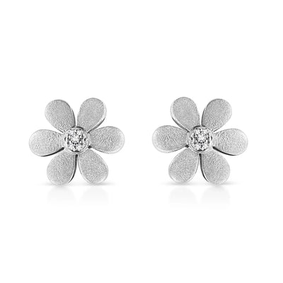 An image displaying Matte Finished .925 Sterling Silver Diamond Accent Flower Hoop Stud Earring (I-J Color, I1-I2 Clarity) by Infinite Jewels