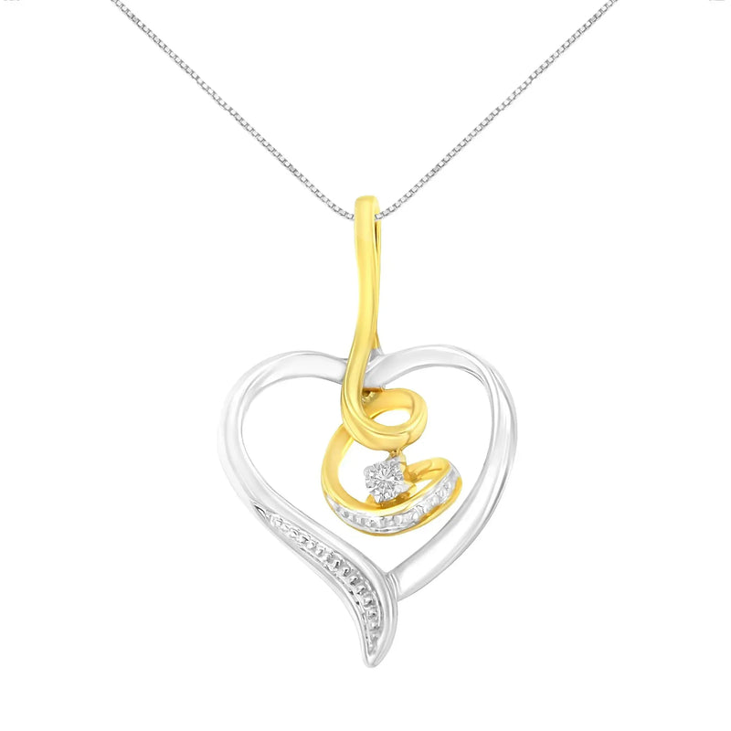 An image displaying Espira 10K Two-Tone Yellow & White Gold .03 Cttw Diamond-Accented Round-Cut Diamond Swirl Open Heart 18" Pendant Necklace (I-J Color, I2-I3 Clarity) by Infinite Jewels
