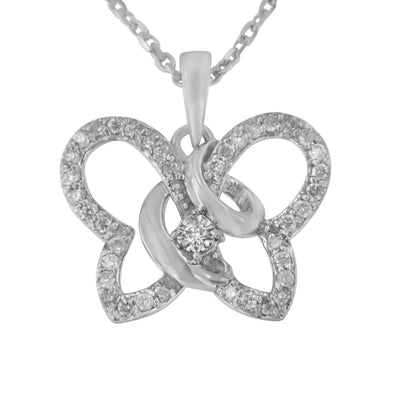 An image displaying .925 Sterling Silver 1/4 cttw Prong-Set Diamond Butterfly 18" Pendant Necklace (H-I Color, I1-I2 Clarity) by Infinite Jewels