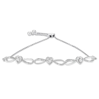 An image displaying .925 Sterling Silver 1/10 Cttw Diamond Triple Heart-in-Infinity Bolo Style Adjustable Bracelet (H-I Color, I2-I3 Clarity) by Infinite Jewels