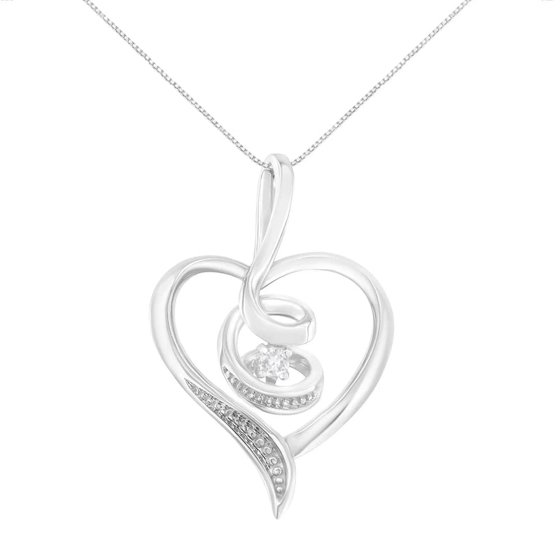 An image displaying Espira 10K White Gold .03 Cttw Diamond-Accented Round-Cut Diamond Swirl Open Heart 18" Pendant Necklace (I-J Color, I2-I3 Clarity) by Infinite Jewels