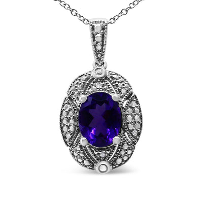 An image displaying .925 Sterling Silver Diamond Accent and 9x7mm Purple Oval Amethyst Gemstone Pendant 18" Necklace (I-J Color, I1-I2 Clarity) by Infinite Jewels