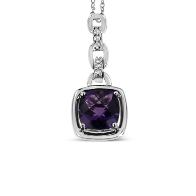An image displaying .925 Sterling Silver 6x6MM Cushion Shaped Natural Purple Amethyst and Diamond Accented Bale 18" Inch Pendant Necklace (I-J Color, I1-I2 Clarity) by Infinite Jewels