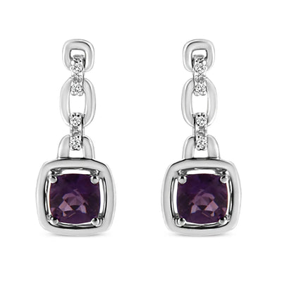 An image displaying .925 Sterling Silver 6x6MM Cushion Shaped Natural Purple Amethyst and Diamond Accent Drop and Dangle Earrings (I-J Color, I1-I2 Clarity) by Infinite Jewels