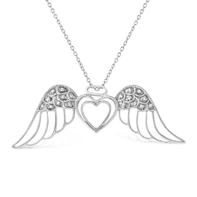 An image displaying .925 Sterling Silver Pave-Set Diamond Accent Angel Wing 18" Double Heart Pendant Necklace (I-J Color, I1-I2 Clarity) by Infinite Jewels