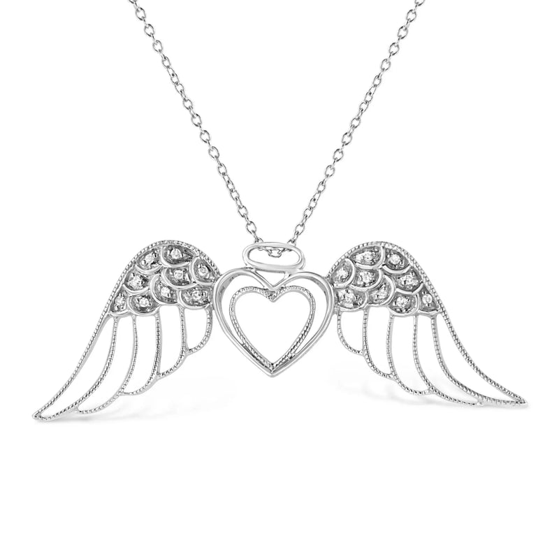An image displaying .925 Sterling Silver Pave-Set Diamond Accent Angel Wing 18" Double Heart Pendant Necklace (I-J Color, I1-I2 Clarity) by Infinite Jewels