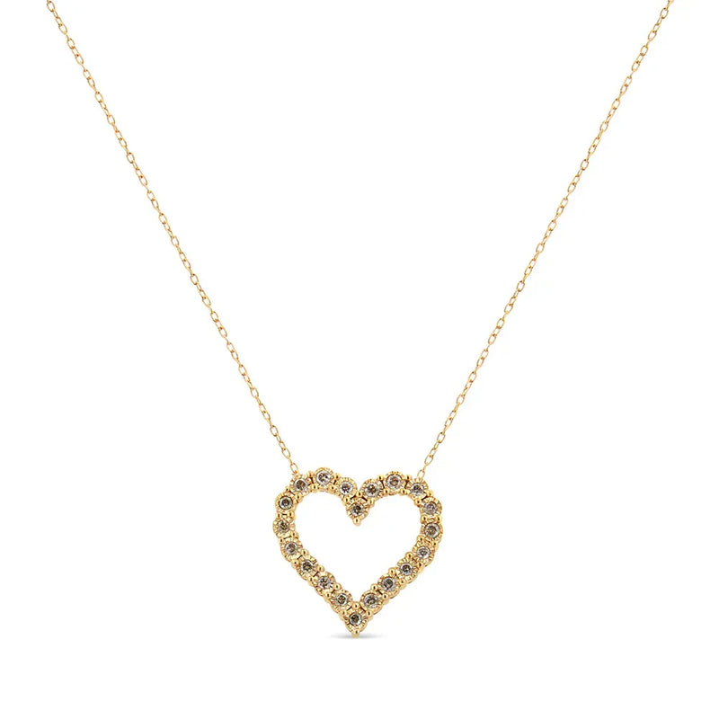 An image displaying 10K Yellow Gold Flashed .925 Sterling Silver 1/2 Cttw Champagne Diamond Miracle Plate Heart Pendant Necklace (K-L Color, I1-I2 Clarity) - 18" by Infinite Jewels