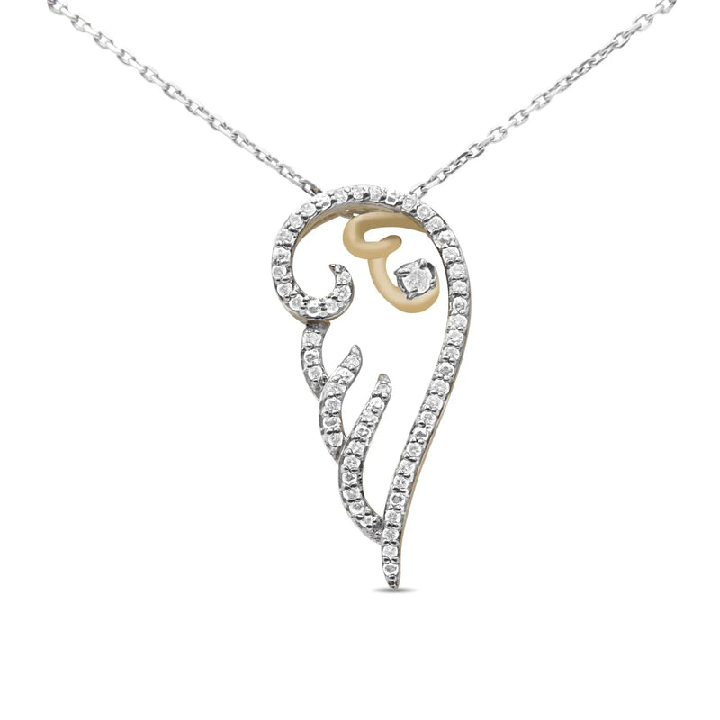 An image displaying 10K Yellow Gold over .925 Sterling Silver 1/4 Cttw Diamond Angel Wing 18" Pendant Necklace (H-I Color, I1-I2 Clarity) by Infinite Jewels
