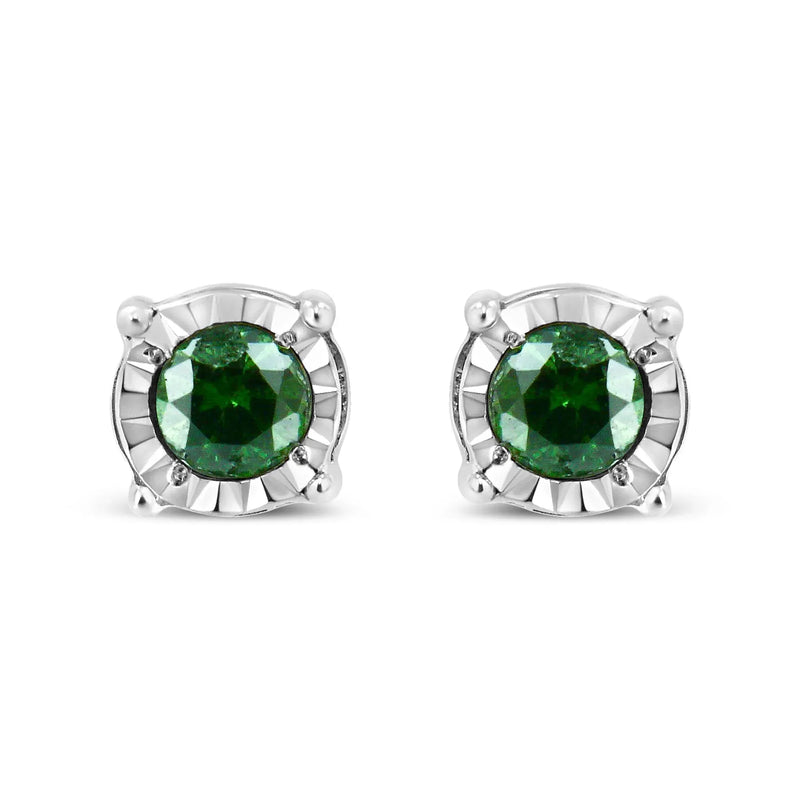 An image displaying Sterling Silver Rose Cut Treated Green Diamond Solitaire Stud Earrings (0.25 cttw, Green Color, I2-I3 Clarity) by Infinite Jewels