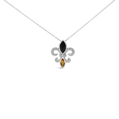 An image displaying .925 Sterling Silver Marquise Onyx and Citrine and Diamond Accent Fleur De Lis Pendant Necklace (H-I Color, SI1-SI2 Clarity) - 18" by Infinite Jewels