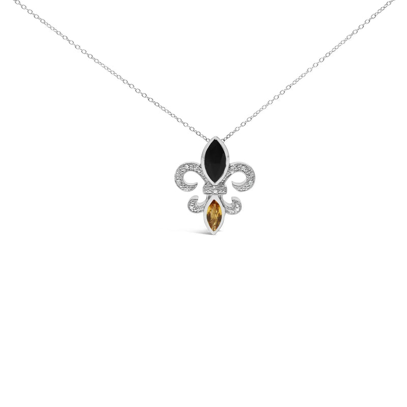 An image displaying .925 Sterling Silver Marquise Onyx and Citrine and Diamond Accent Fleur De Lis Pendant Necklace (H-I Color, SI1-SI2 Clarity) - 18" by Infinite Jewels