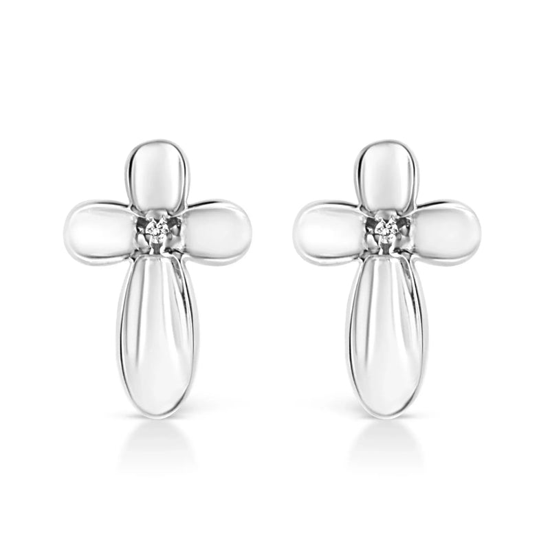 An image displaying .925 Sterling Silver Prong Set Diamond Accent Floral Cross Stud Earring (I-J Color, I1-I2 Clarity) by Infinite Jewels