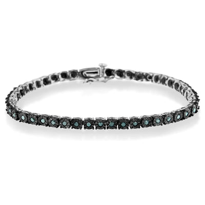 An image displaying Black Rhodium Plated .925 Sterling Silver 1.0 Cttw Diamond Miracle Tennis Bracelet (Enhanced Blue Color, I3 Clarity) - 7" by Infinite Jewels