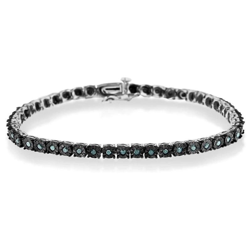 An image displaying Black Rhodium Plated .925 Sterling Silver 1.0 Cttw Diamond Miracle Tennis Bracelet (Enhanced Blue Color, I3 Clarity) - 7" by Infinite Jewels