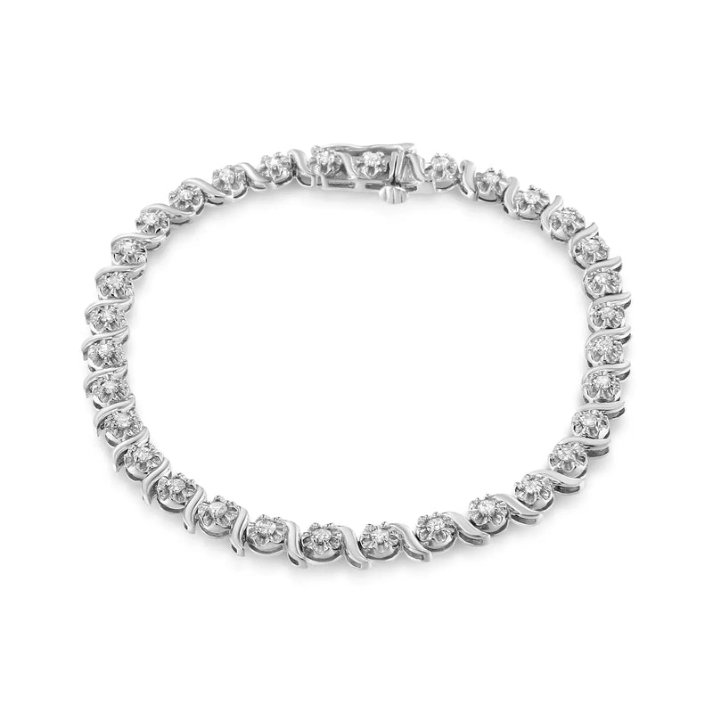 An image displaying .925 Sterling Silver 1.0 Cttw Diamond Spiral Wave Curved-Link 7" Tennis Bracelet (I-J Color, I3 Clarity) by Infinite Jewels