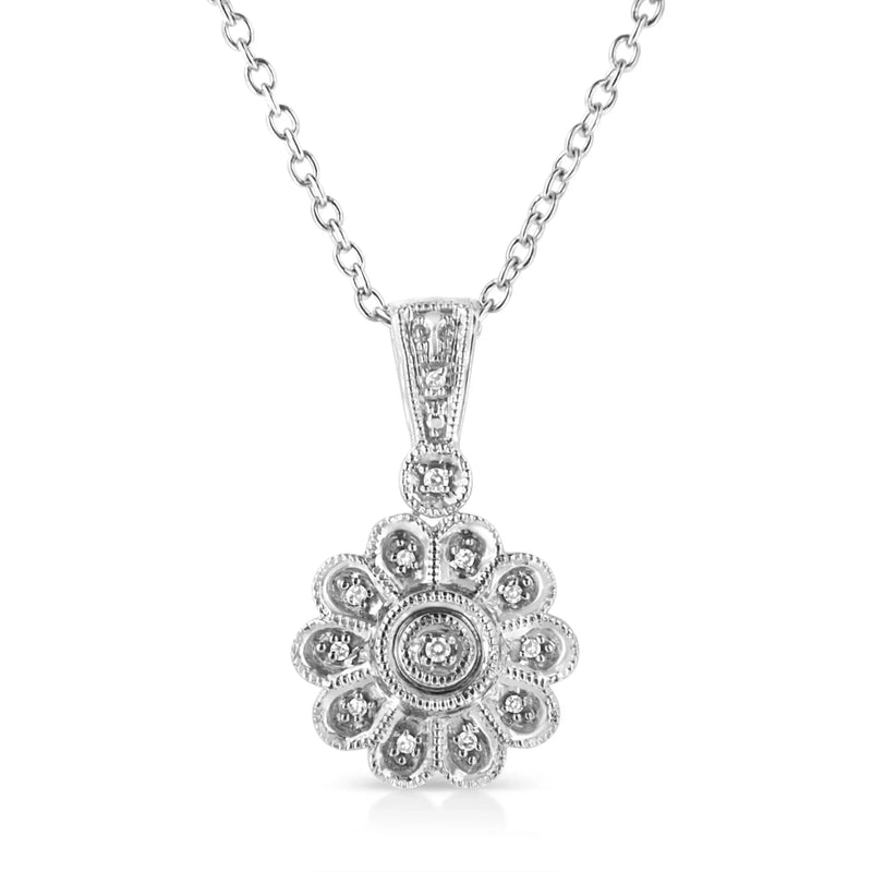 An image displaying .925 Sterling Silver Diamond Accent Sunburst Milgrain 18" Pendant Necklace (I-J Color, I1-I2 Clarity) by Infinite Jewels