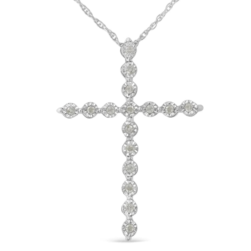An image displaying .925 Sterling Silver 1/6 Cttw Brilliant-Cut Diamond Miracle-Set Shared Prong Cross 18" Pendant Necklace (I-J Color, I2-I3 Clarity) by Infinite Jewels
