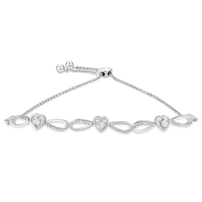 An image displaying .925 Sterling Silver Diamond Accent Heart and Infinity 4”-10” Adjustable Bolo Bracelet (I-J Color, I3 Clarity) by Infinite Jewels