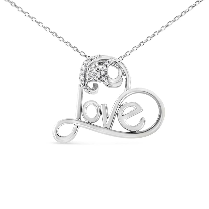 An image displaying .925 Sterling Silver 1/10 Cttw Round Brilliant-Cut Diamond Accented Open Heart with Love 18" Pendant Necklace (H-I Color, I1-I2 Clarity) by Infinite Jewels