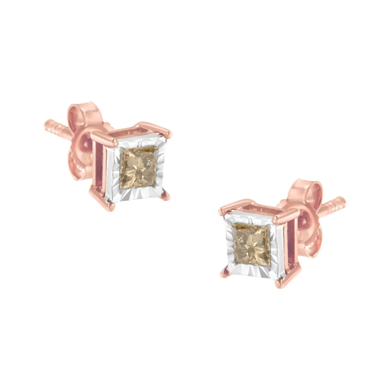An image displaying 14K Rose Gold Plated Two-Tone .925 Sterling Silver 1/2 Cttw Princess-Cut Square Diamond Solitaire Miracle-Plate Stud Earrings (K-L Color, I2-I3 Clarity) by Infinite Jewels
