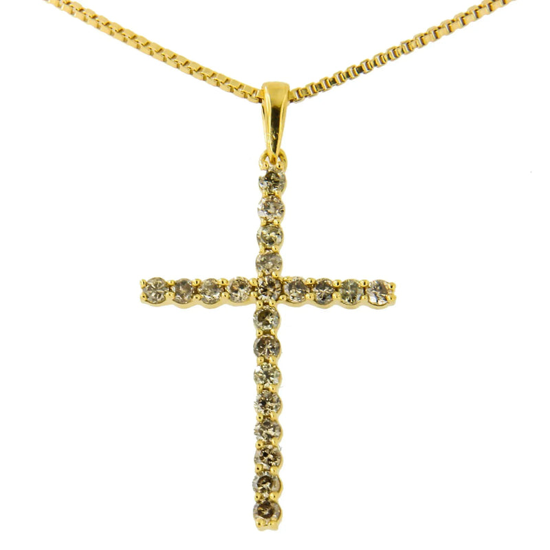 An image displaying 14K Yellow Gold Plated .925 Sterling Silver 1/2 Cttw Champagne Diamond Cross Pendant Necklace (K-L Color, I1-I2 Clarity) - 18" by Infinite Jewels