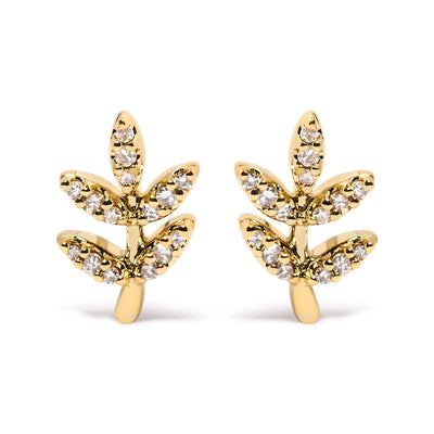 An image displaying 10K Yellow Gold 1/10 Cttw Diamond Accented Leaf and Branch Stud Earrings (H-I Color, I1-I2 Clarity) by Infinite Jewels