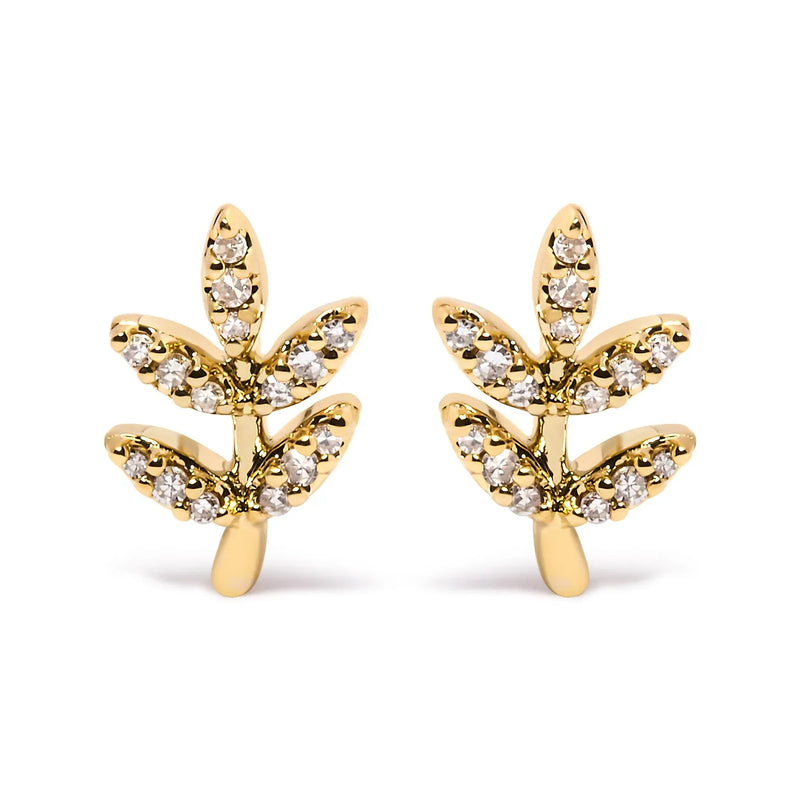 An image displaying 10K Yellow Gold 1/10 Cttw Diamond Accented Leaf and Branch Stud Earrings (H-I Color, I1-I2 Clarity) by Infinite Jewels
