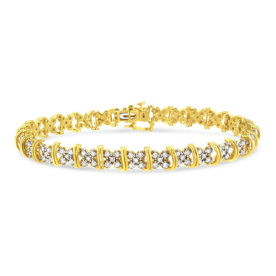 An image displaying 10K Yellow Gold Plated .925 Sterling Silver 2.0 Cttw Round Diamond Cluster "X" Shaped Link Bracelet (H-I Color, I3 Clarity) - 7" by Infinite Jewels
