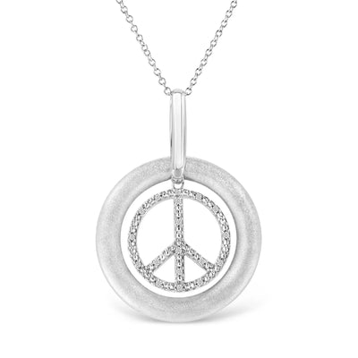 An image displaying Matte Finish .925 Sterling Silver Diamond Accent Dancing Peace Sign 18" Pendant Necklace (I-J Color, I1-I2 Clarity) by Infinite Jewels