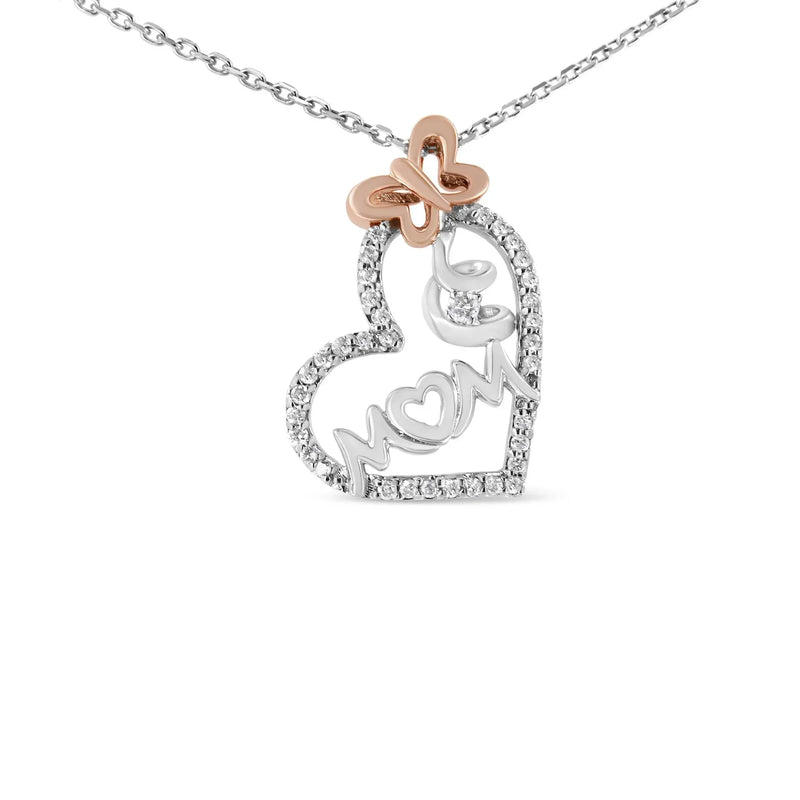 An image displaying Two Tone .925 Sterling Silver 1/5 cttw Diamond "Mom" and Heart Pendant Necklace (H-I, I1-I2) by Infinite Jewels