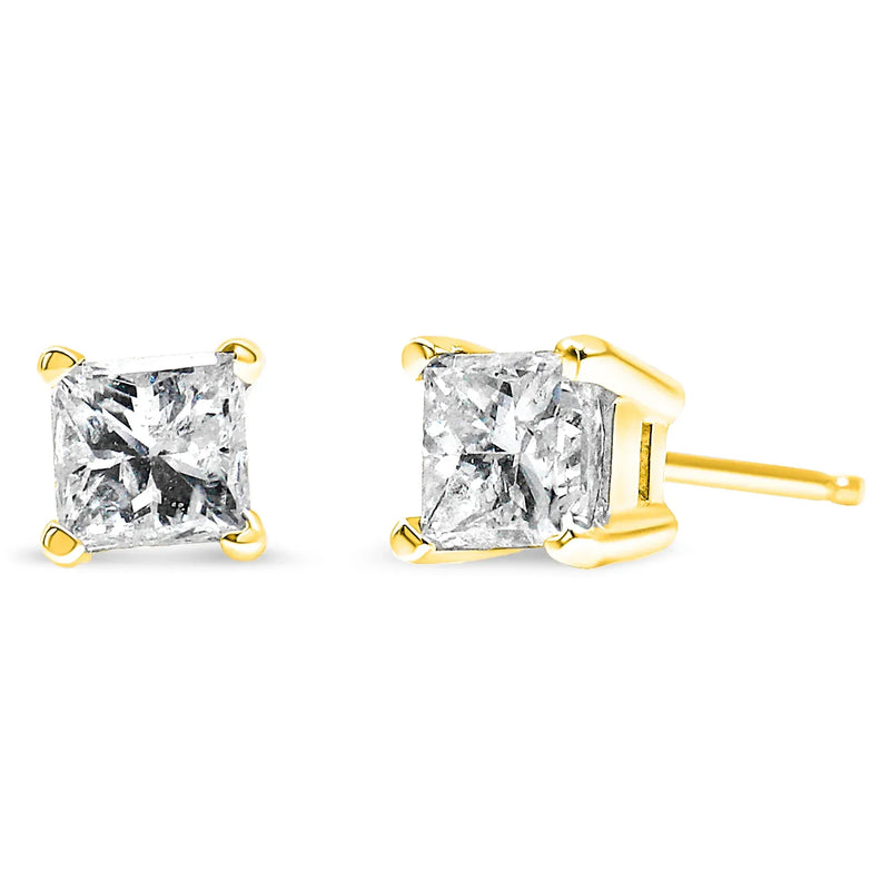 An image displaying 14K Yellow Gold 1/5 Cttw Princess-Cut Square Near Colorless Diamond Classic 4-Prong Solitaire Stud Earrings (I-J Color, I2-I3 Clarity) by Infinite Jewels