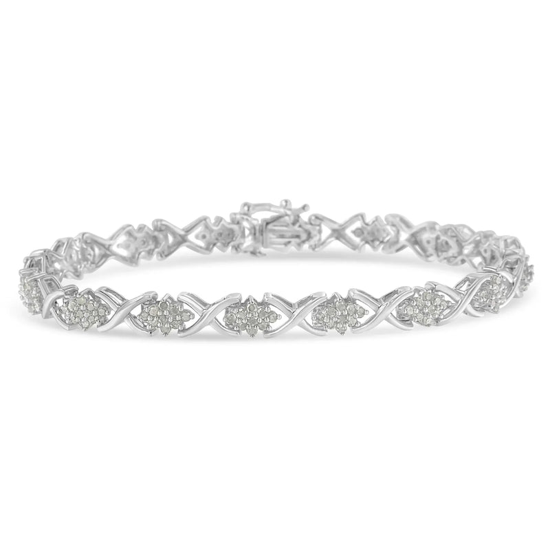 An image displaying .925 Sterling Silver 1-1/2 Cttw Diamond Cluster X Link 7" Tennis Bracelet (I-J color, I3 clarity) by Infinite Jewels