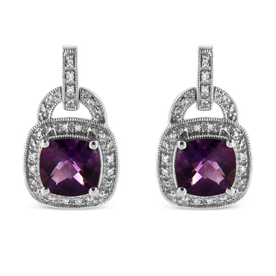 An image displaying .925 Sterling Silver 8MM Natural Cushion Shaped Amethyst and Diamond Accent Halo with Push Back Dangle Earrings (I-J Color, I2-I3 Clarity) by Infinite Jewels