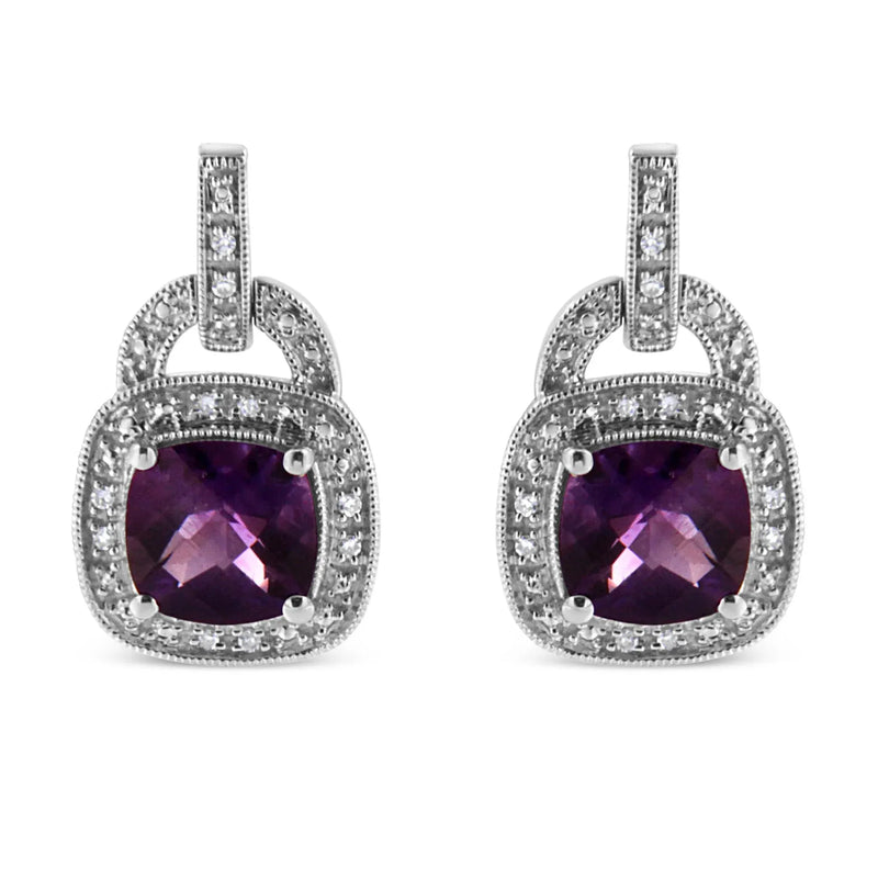 An image displaying .925 Sterling Silver 8MM Natural Cushion Shaped Amethyst and Diamond Accent Halo with Push Back Dangle Earrings (I-J Color, I2-I3 Clarity) by Infinite Jewels