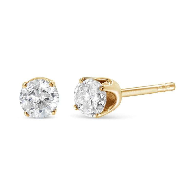 An image displaying 14K Yellow Gold 1/2 Cttw Round-Cut Diamond Solitaire Stud Earrings (O-P Color, SI2-I1 Clarity) by Infinite Jewels