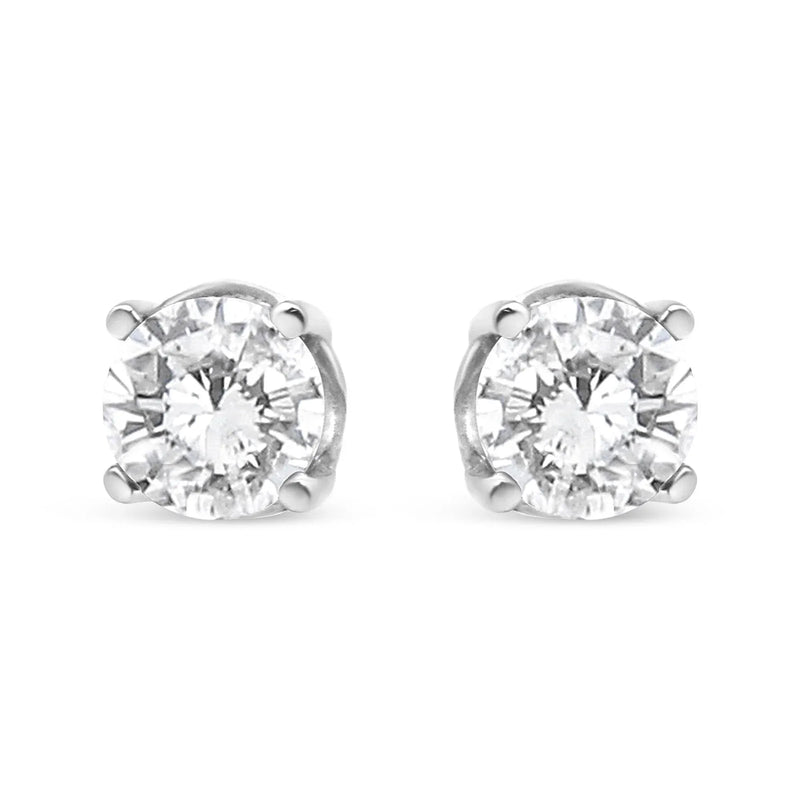 An image displaying 14K White Gold 3/4 Cttw Lab Grown Diamond 4-Prong Classic Stud Earrings (F-G Color, VS2-SI1 Clarity) by Infinite Jewels