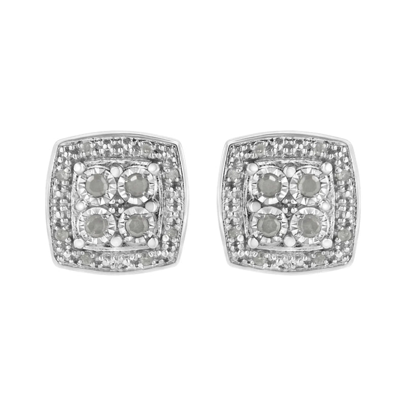 An image displaying .925 Sterling Silver 1/4 cttw Round Cut Diamond Square Shape Milgrain Stud Earrings (I-J Color, I3 Clarity) by Infinite Jewels