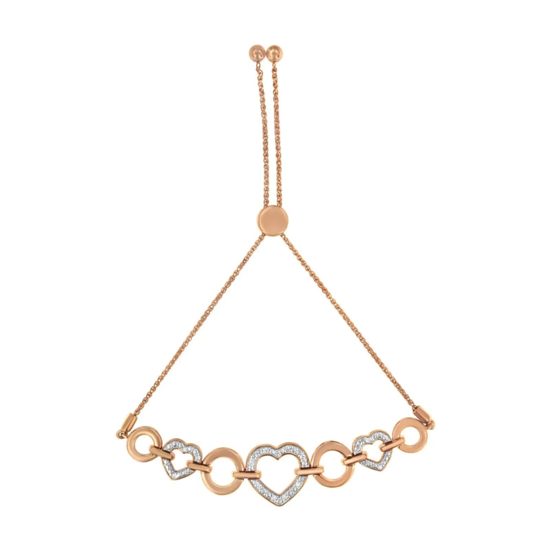 An image displaying 14K Rose Gold Plated .925 Sterling Silver Diamond Accent Circle and Heart Link Adjustable 6”-10” Bolo Bracelet (I-J Color, I3 Clarity) by Infinite Jewels