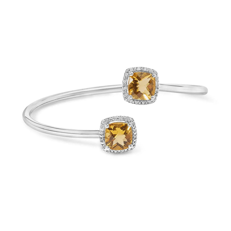 An image displaying .925 Sterling Silver 8mm Cushion Cut Yellow Citrine Gemstone and Diamond Accent Split Bypass Bangle Bracelet (H-I Color, SI1-SI2 Clarity) - Fits up to 7.75" Inches by Infinite Jewels