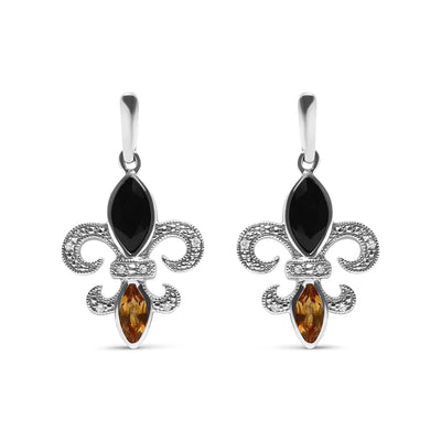 An image displaying .925 Sterling Silver Marquise Cut Onyx and Citrine with Diamond Accent Fleur De Lis Drop Stud Earrings (H-I Color, SI1-SI2 Clarity) by Infinite Jewels