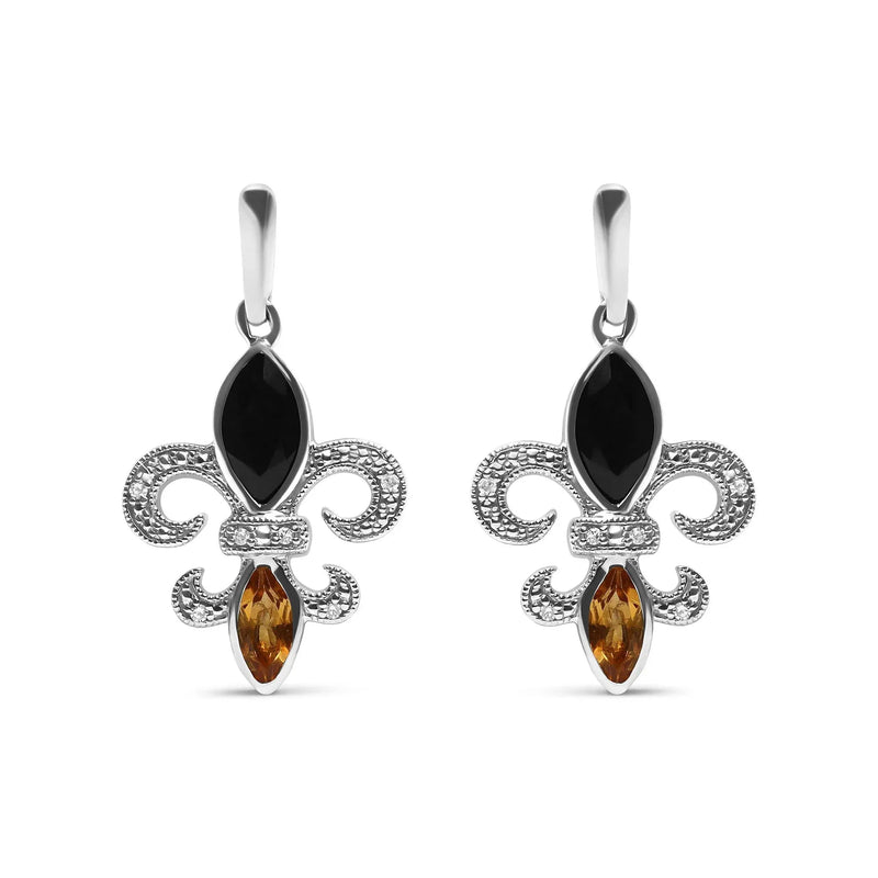 An image displaying .925 Sterling Silver Marquise Cut Onyx and Citrine with Diamond Accent Fleur De Lis Drop Stud Earrings (H-I Color, SI1-SI2 Clarity) by Infinite Jewels