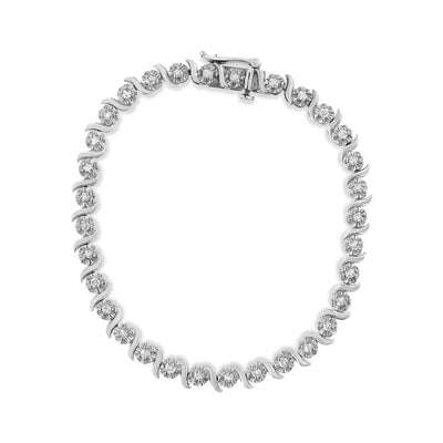 An image displaying .925 Sterling Silver 1.0 Cttw Diamond Spiral Wave Curved-Link 7" Tennis Bracelet (I-J Color, I3 Clarity) by Infinite Jewels