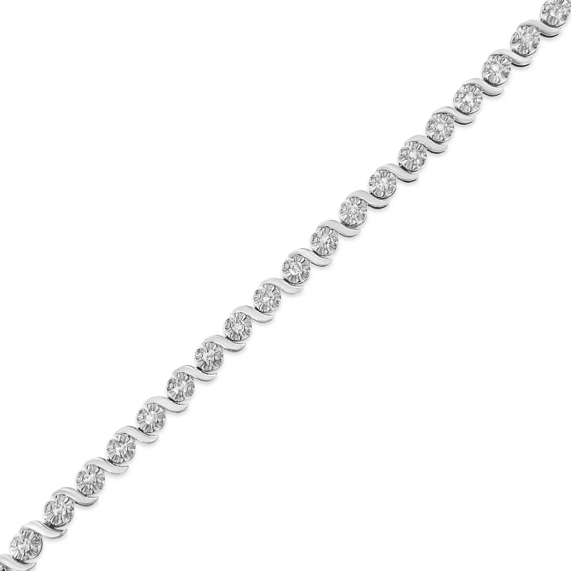 An image displaying .925 Sterling Silver 1.0 Cttw Diamond Spiral Wave Curved-Link 7" Tennis Bracelet (I-J Color, I3 Clarity) by Infinite Jewels