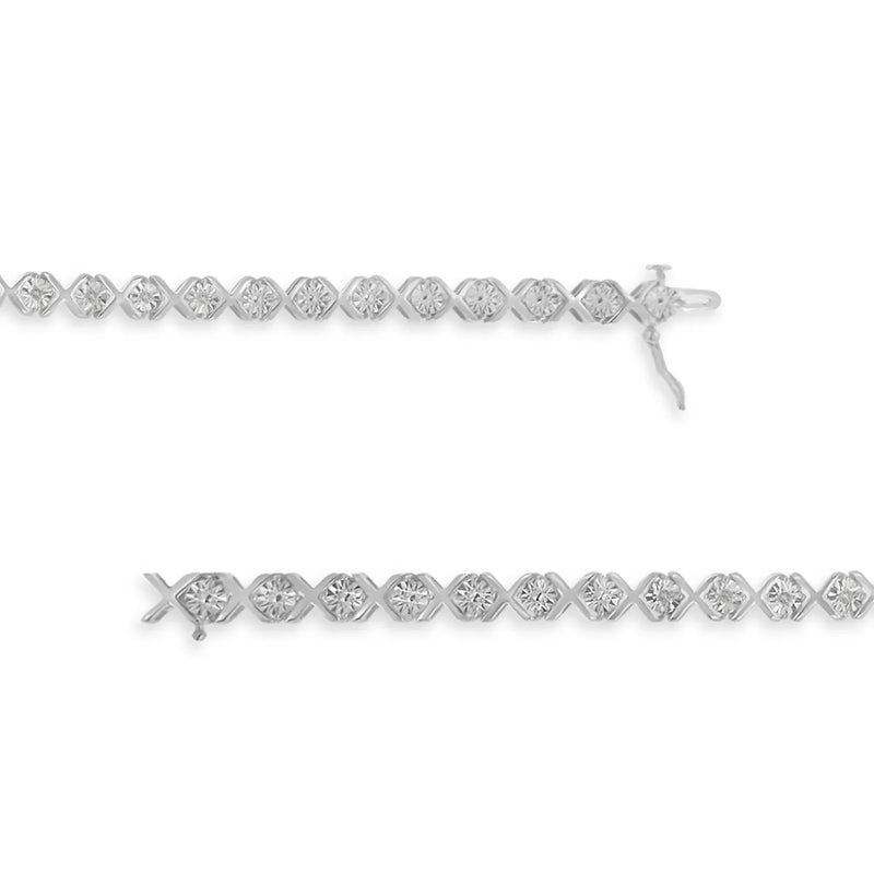An image displaying .925 Sterling Silver 1/10 cttw Miracle-Set Round-Cut Diamond "X" Link Tennis Bracelet (I-J color, I2-I3 clarity) - 7.25" by Infinite Jewels