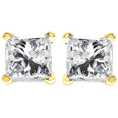 An image displaying 14K Yellow Gold 1/5 Cttw Princess-Cut Square Near Colorless Diamond Classic 4-Prong Solitaire Stud Earrings (I-J Color, I2-I3 Clarity) by Infinite Jewels