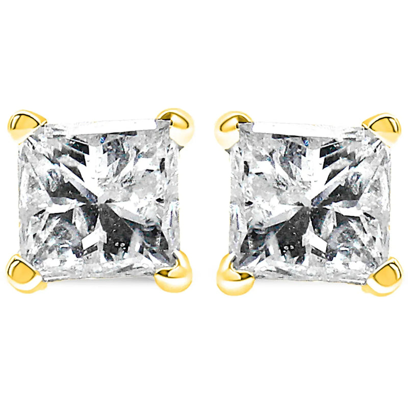 An image displaying 14K Yellow Gold 1/5 Cttw Princess-Cut Square Near Colorless Diamond Classic 4-Prong Solitaire Stud Earrings (I-J Color, I2-I3 Clarity) by Infinite Jewels