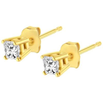 An image displaying 14K Yellow Gold 1/5 Cttw Princess-Cut Square Near Colorless Diamond Classic 4-Prong Solitaire Stud Earrings (I-J Color, I2-I3 Clarity) by Infinite Jewels