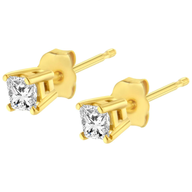 An image displaying 14K Yellow Gold 1/5 Cttw Princess-Cut Square Near Colorless Diamond Classic 4-Prong Solitaire Stud Earrings (I-J Color, I2-I3 Clarity) by Infinite Jewels
