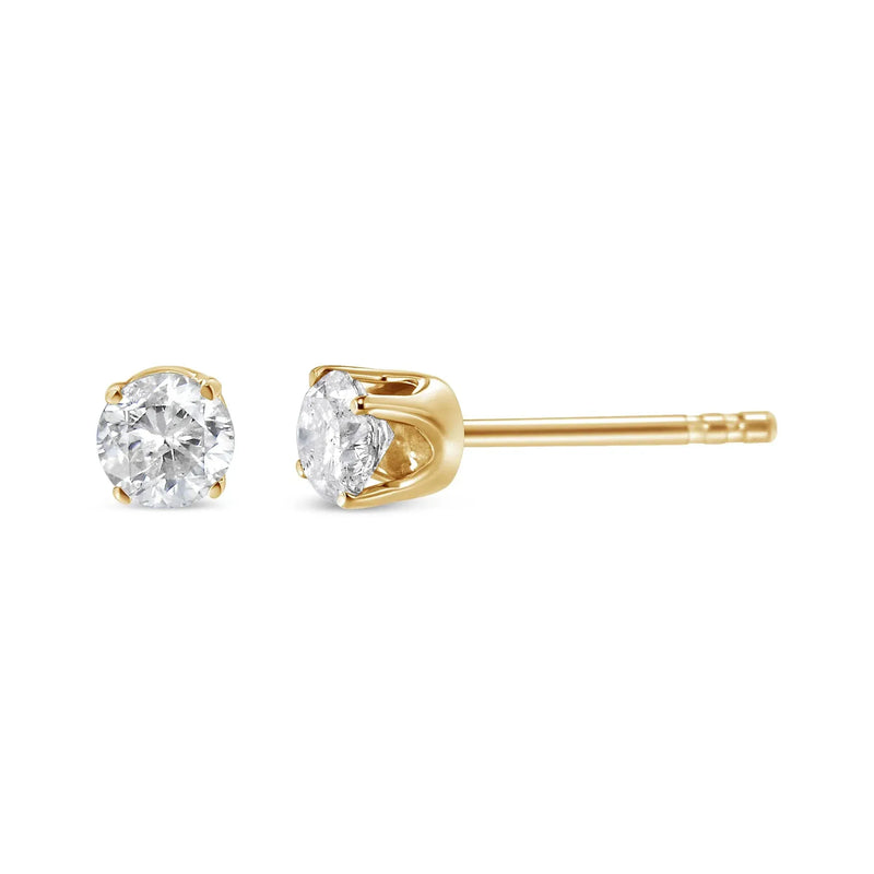 An image displaying 14K Yellow Gold 1/2 Cttw Round-Cut Diamond Solitaire Stud Earrings (O-P Color, SI2-I1 Clarity) by Infinite Jewels