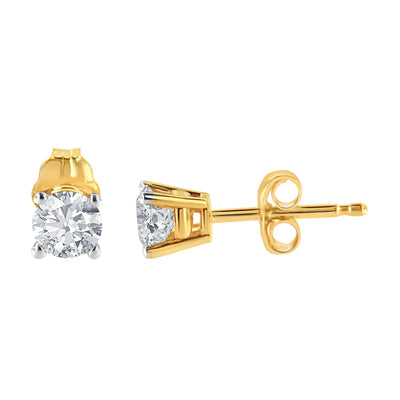 An image displaying 14K Yellow Gold 1/2 Cttw Round-Cut Diamond Solitaire Stud Earrings (O-P Color, SI2-I1 Clarity) by Infinite Jewels